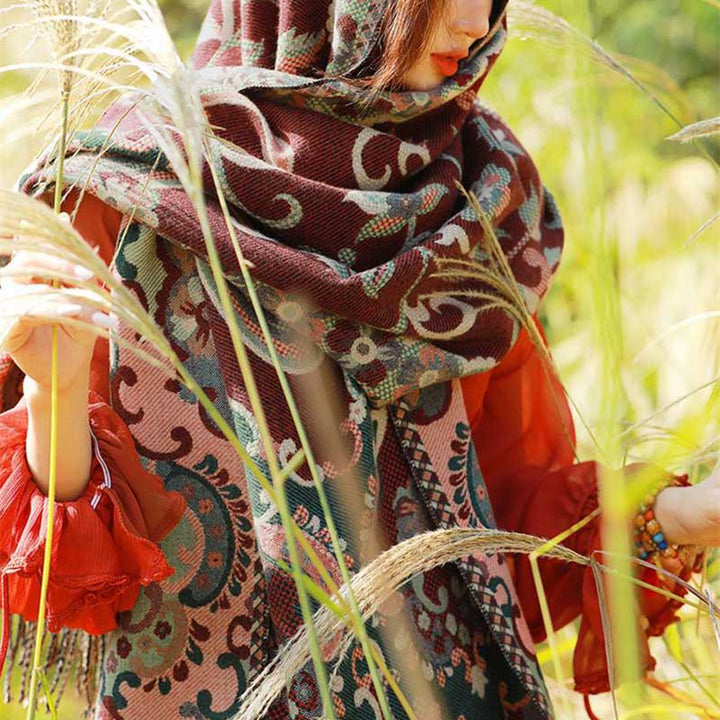 BWOOOH Tibetan Flowers Leaves Branch Design Tassel Shawl 