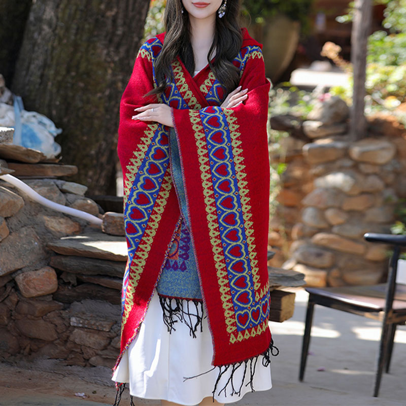 BWOOOH Tibetan Shawl Red Love Heart Tassel Hooded Cloak W