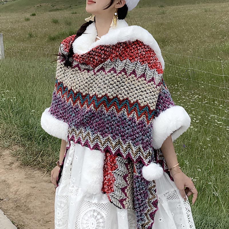 BWOOOH Tibetan Multicolored Wavy Lines Knitted Striped Sh