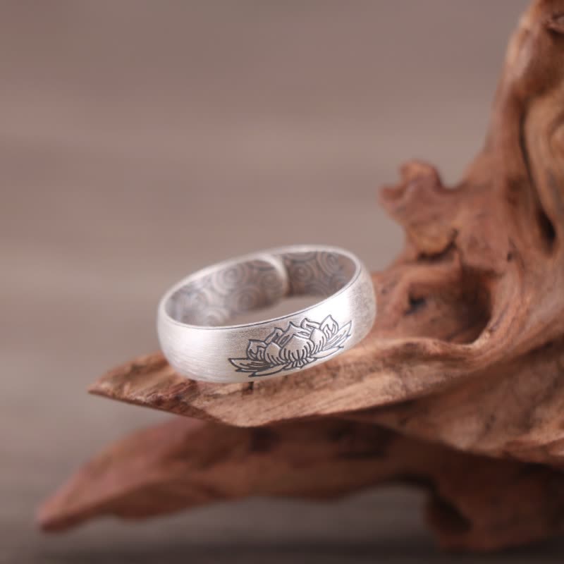 BWOOOH 999 Sterling Silver Lotus Elephant Six True Words Blessing Ring