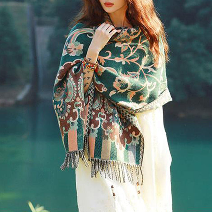BWOOOH Tibetan Flowers Leaves Branch Design Tassel Shawl 