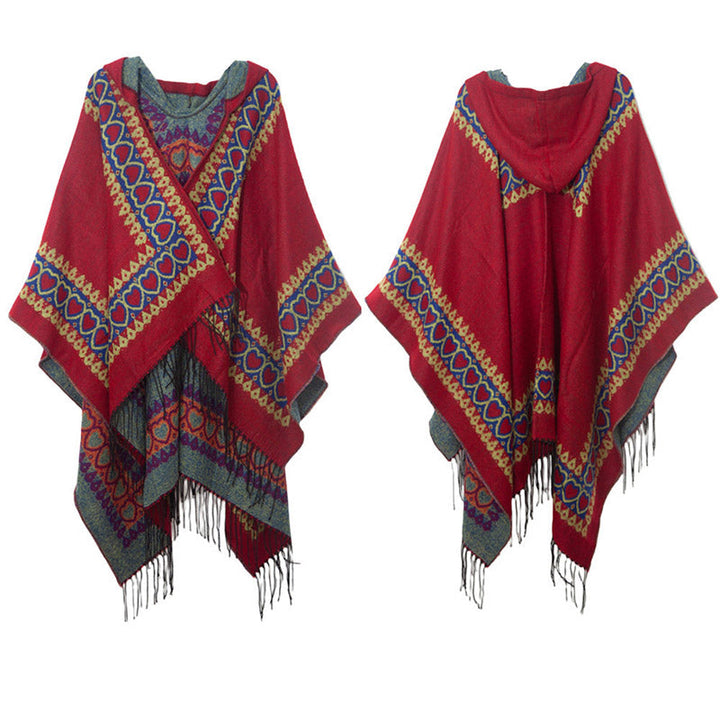 BWOOOH Tibetan Shawl Red Love Heart Tassel Hooded Cloak W