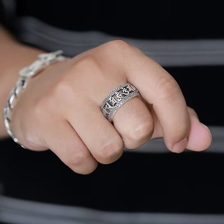 BWOOOH Vintage Tibet Om Mani Padme Hum Carved Hollow Design Purity Ring