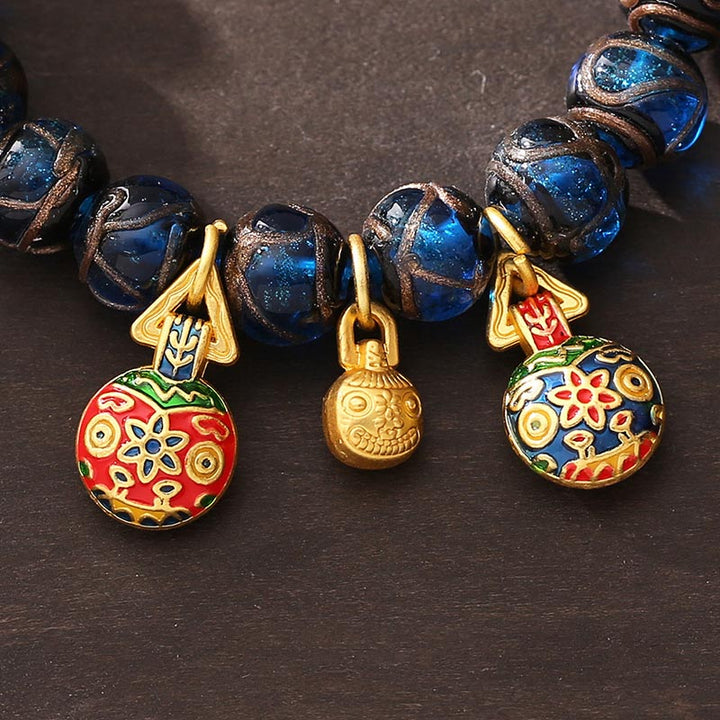 BWOOOH Gold Swallowing Beast Luck Charm Blue Liuli Glass Bead Fortune Bracelet