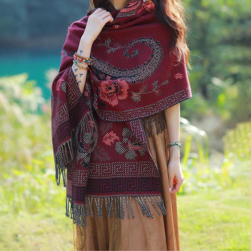 BWOOOH Tibetan Flowers Leaves Pattern Design Shawl Cozy T
