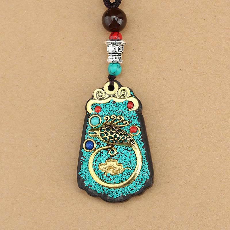 BWOOOH Tibet God Of Wealth Money Tree Golden Phoenix Thangka Ebony Peace Necklace Pendant