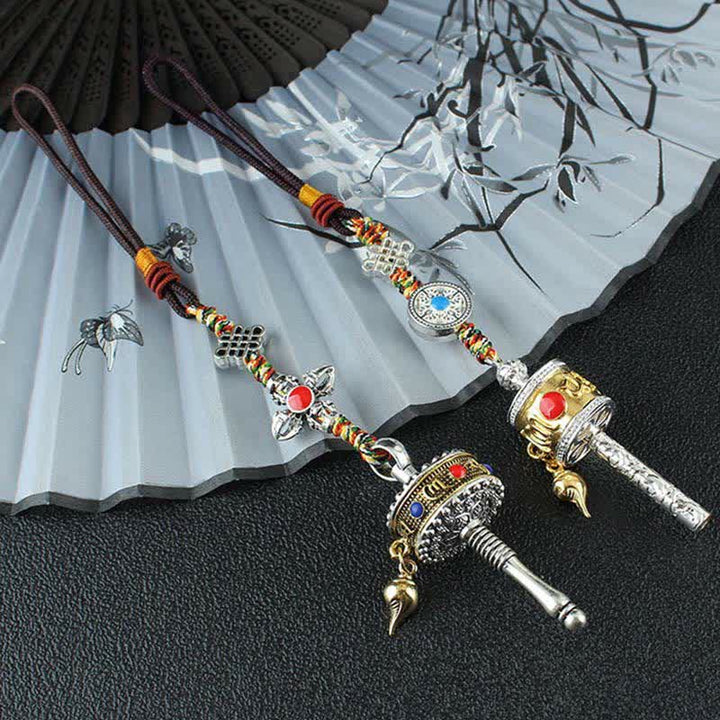 BWOOOH Tibet Om Mani Padme Hum Prayer Wheel Peace Rotatable Bag Car Hanging Decoration | natural stone Buddhist car hanging