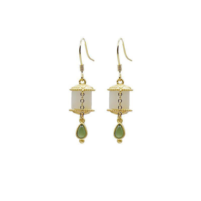 BWOOOH 925 Sterling Silver Jade Prayer Wheel Luck Drop Earrings