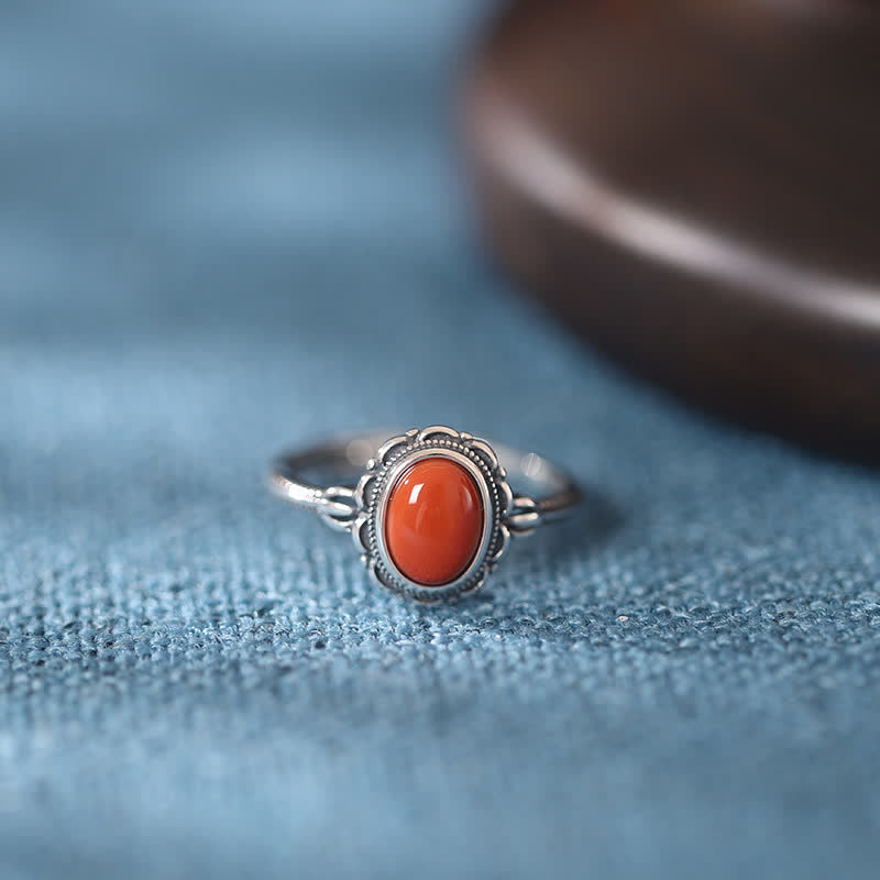 BWOOOH 925 Sterling Silver Tibetan Turquoise Red Agate Protection Ring