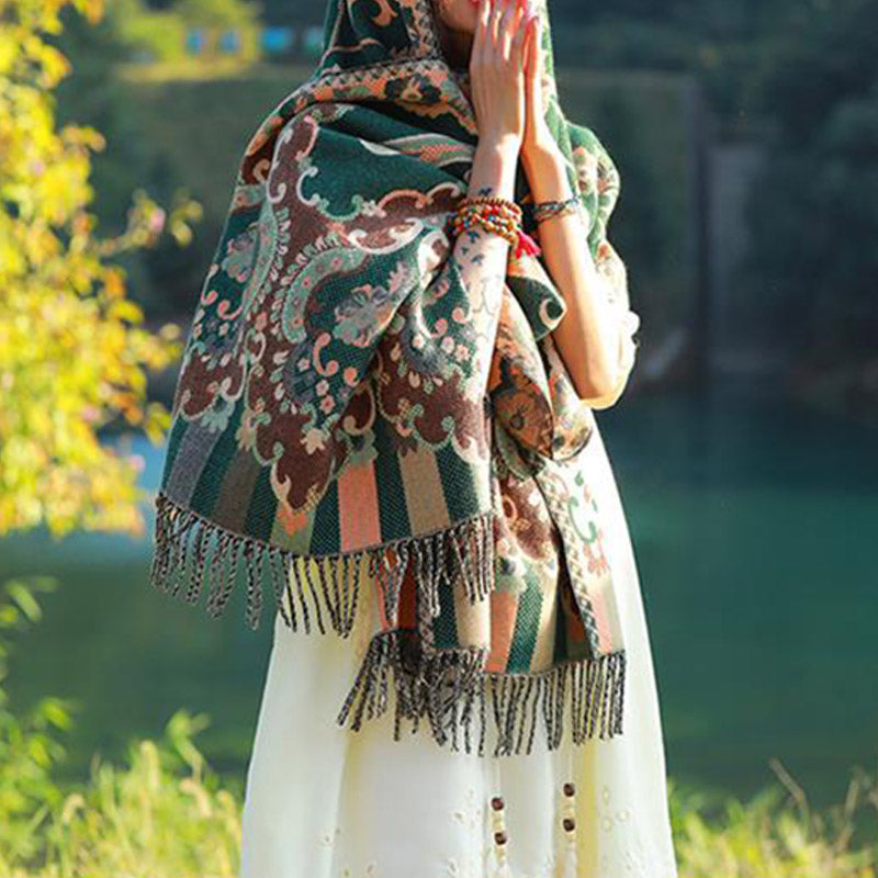 BWOOOH Tibetan Flowers Leaves Branch Design Tassel Shawl 