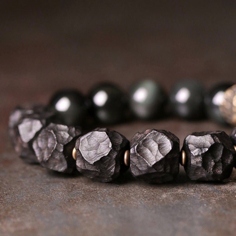 BWOOOH Black Obsidian Ebony Wood Copper Strength Couple Bracelet