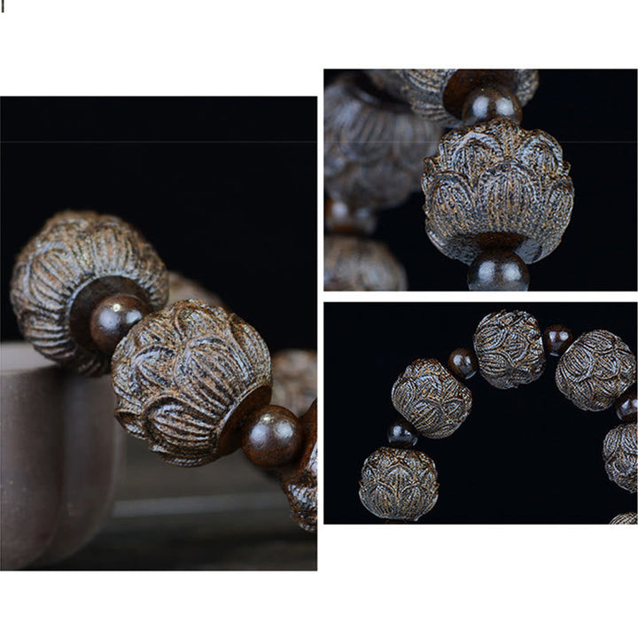 BWOOOH Ebony Wood Eighteen Arhats Lotus Dragon Engraved Balance Bracelet | spiritual healing bracelet