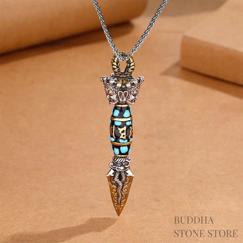 BWOOOH Tibet Om Mani Padme Hum Dzi Bead Dorje Vajra Pattern Wealth Rotatable Necklace Pendant