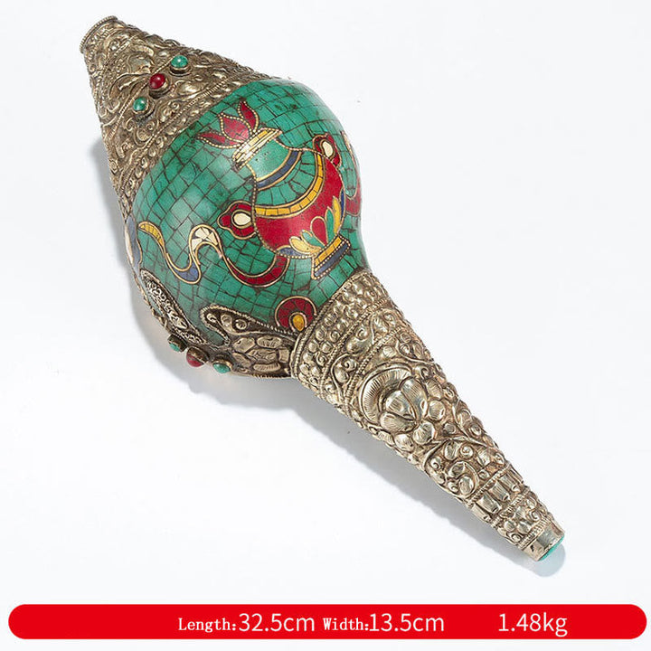 BWOOOH Tibetan Handmade Shankha Om Mani Padme Hum Buddha Avalokitesvara Turquoise Conch | Turquoise