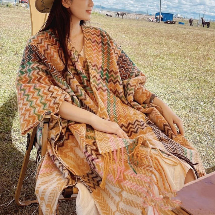 BWOOOH Tibetan Shawl Colorful Wavy Striped Shapes Tassels