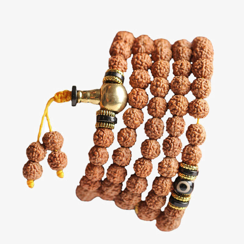 BWOOOH 108 Mala Beads Rudraksha Bodhi Seed Dzi Bead Luck Wealth Bracelet