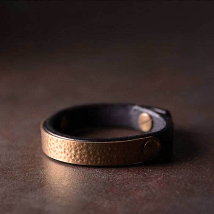 BWOOOH Vintage Handmade Texture Copper Brass Leather Wealth Bracelet Bangle