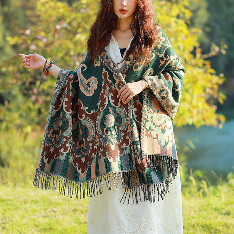 BWOOOH Tibetan Flowers Leaves Branch Design Tassel Shawl 