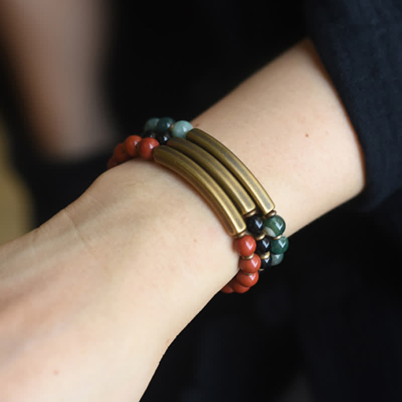 BWOOOH Red Jasper Moss Agate Black Obsidian Crystal Copper Peace Couple Bracelet