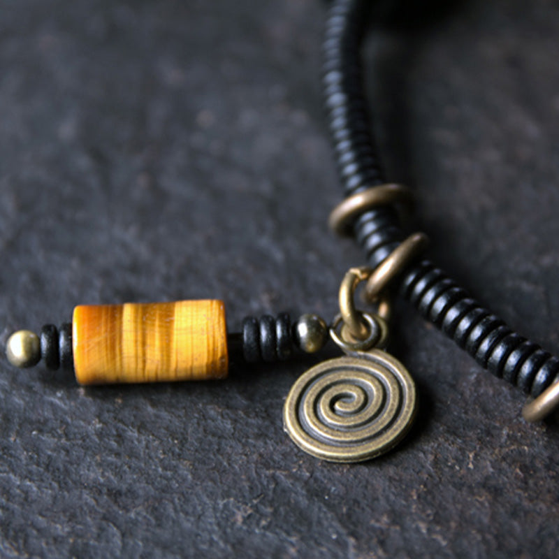 BWOOOH Ebony Wood Dzi Bead Copper Peace Couple Bracelet Necklace Pendant
