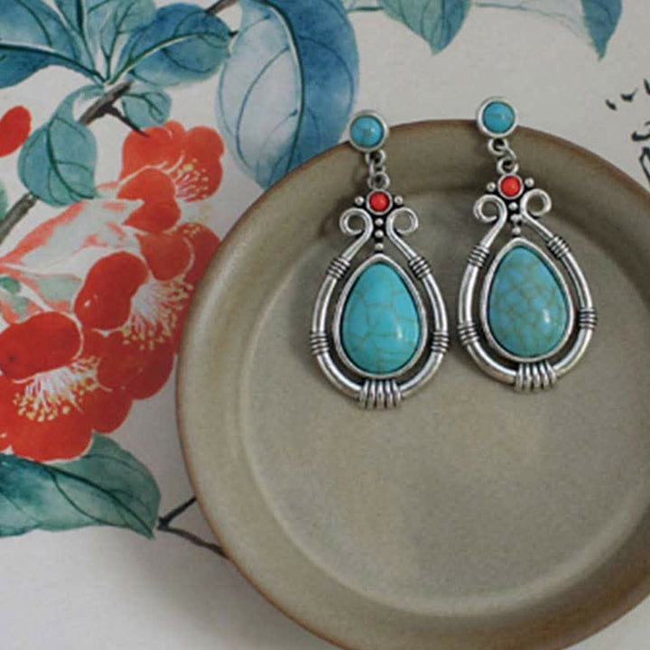 BWOOOH Tibet Vintage Turquoise Waterdrop Strength Drop Dangle Earrings Clips