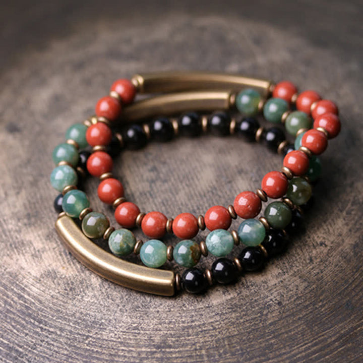 BWOOOH Red Jasper Moss Agate Black Obsidian Crystal Copper Peace Couple Bracelet