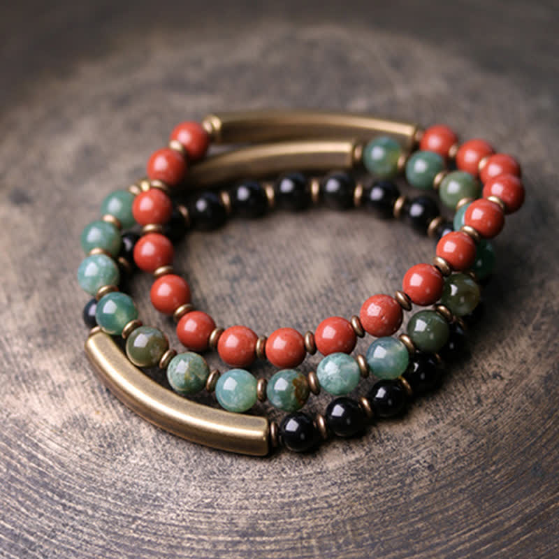 BWOOOH Red Jasper Moss Agate Black Obsidian Crystal Copper Peace Couple Bracelet