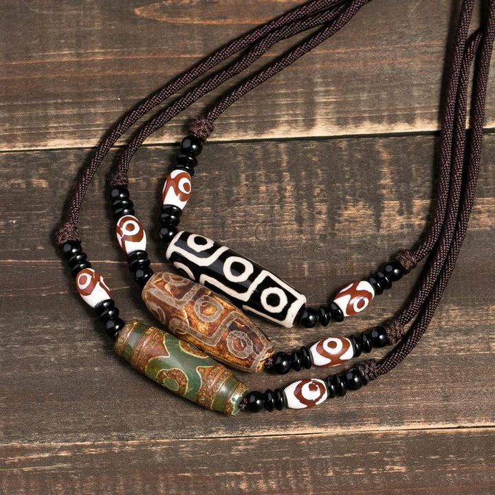 BWOOOH Tibetan Nine-Eye Dzi Bead protection string necklace — sacred dzi bead necklace and Buddhist amulet for wealth and wisdom