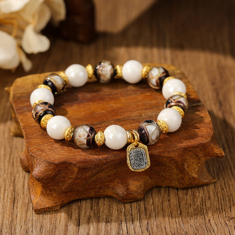 BWOOOH Tibetan Zakiram Goddess of Wealth Charm Liuli Glass Incense Ash Porcelain Bead Protection Bracelet