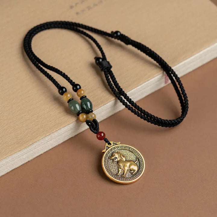 BWOOOH 12 Chinese Zodiac Blessing Wealth Fortune Necklace Pendant featuring a 3cm copper/brass pendant with Tiger Eye, Red Agate, Jade, and Agate, suspended on a 45-68cm string, showcasing a specific zodiac animal for spiritual balance and protection. - View 23