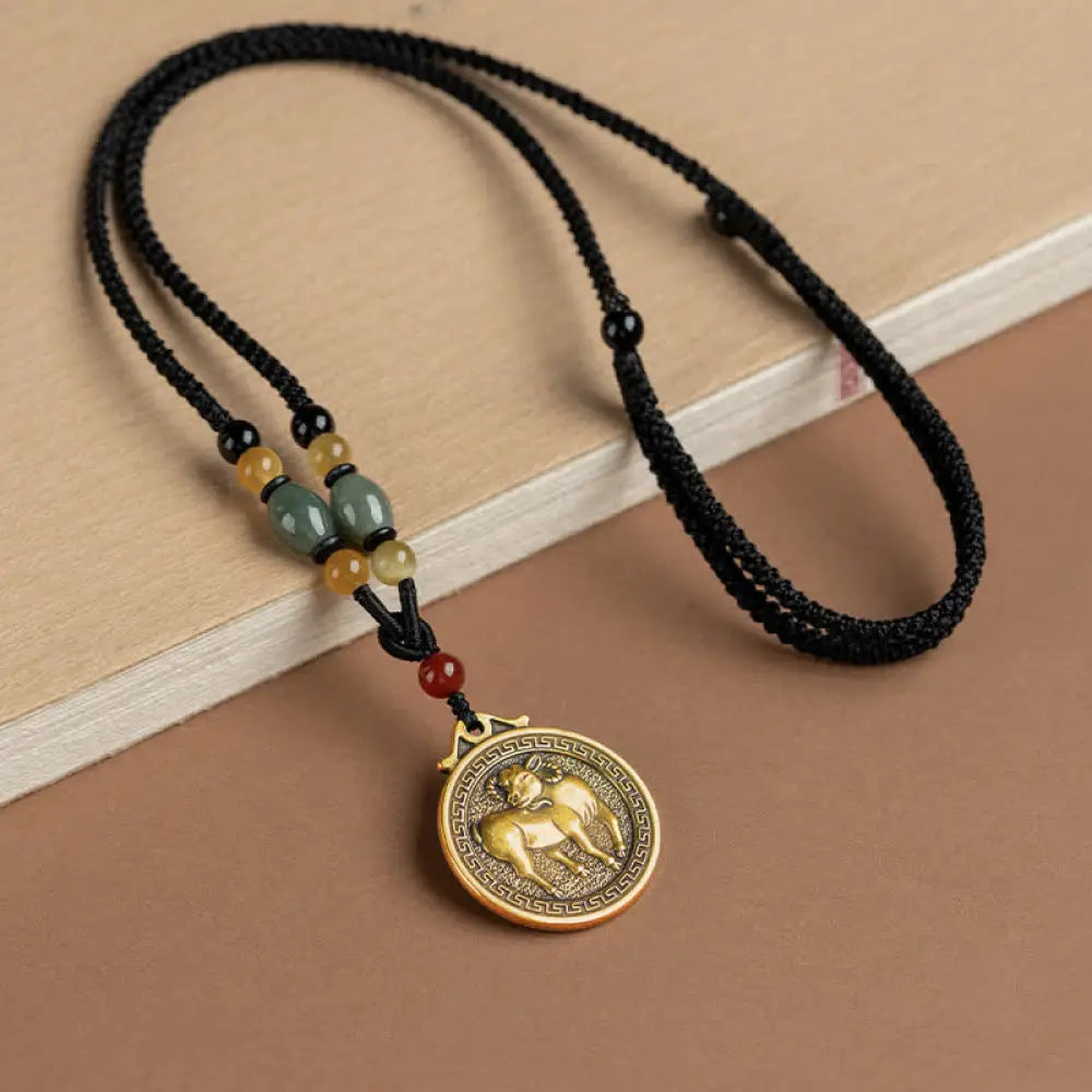 BWOOOH 12 Chinese Zodiac Blessing Wealth Fortune Necklace Pendant featuring a 3cm copper/brass pendant with Tiger Eye, Red Agate, Jade, and Agate, suspended on a 45-68cm string, showcasing a specific zodiac animal for spiritual balance and protection. - View 20
