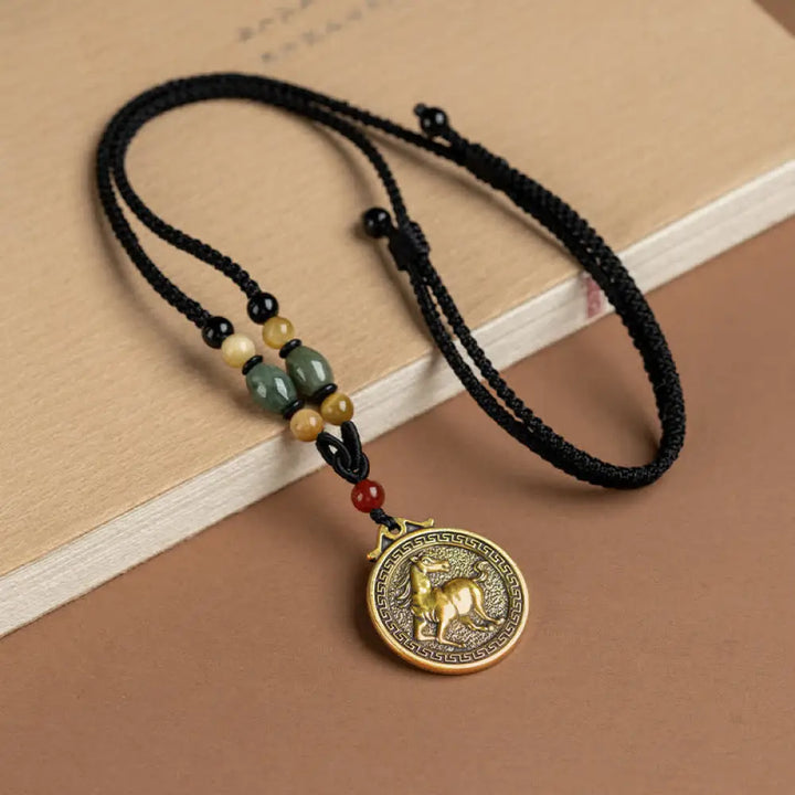 BWOOOH 12 Chinese Zodiac Blessing Wealth Fortune Necklace Pendant featuring a 3cm copper/brass pendant with Tiger Eye, Red Agate, Jade, and Agate, suspended on a 45-68cm string, showcasing a specific zodiac animal for spiritual balance and protection. - View 19