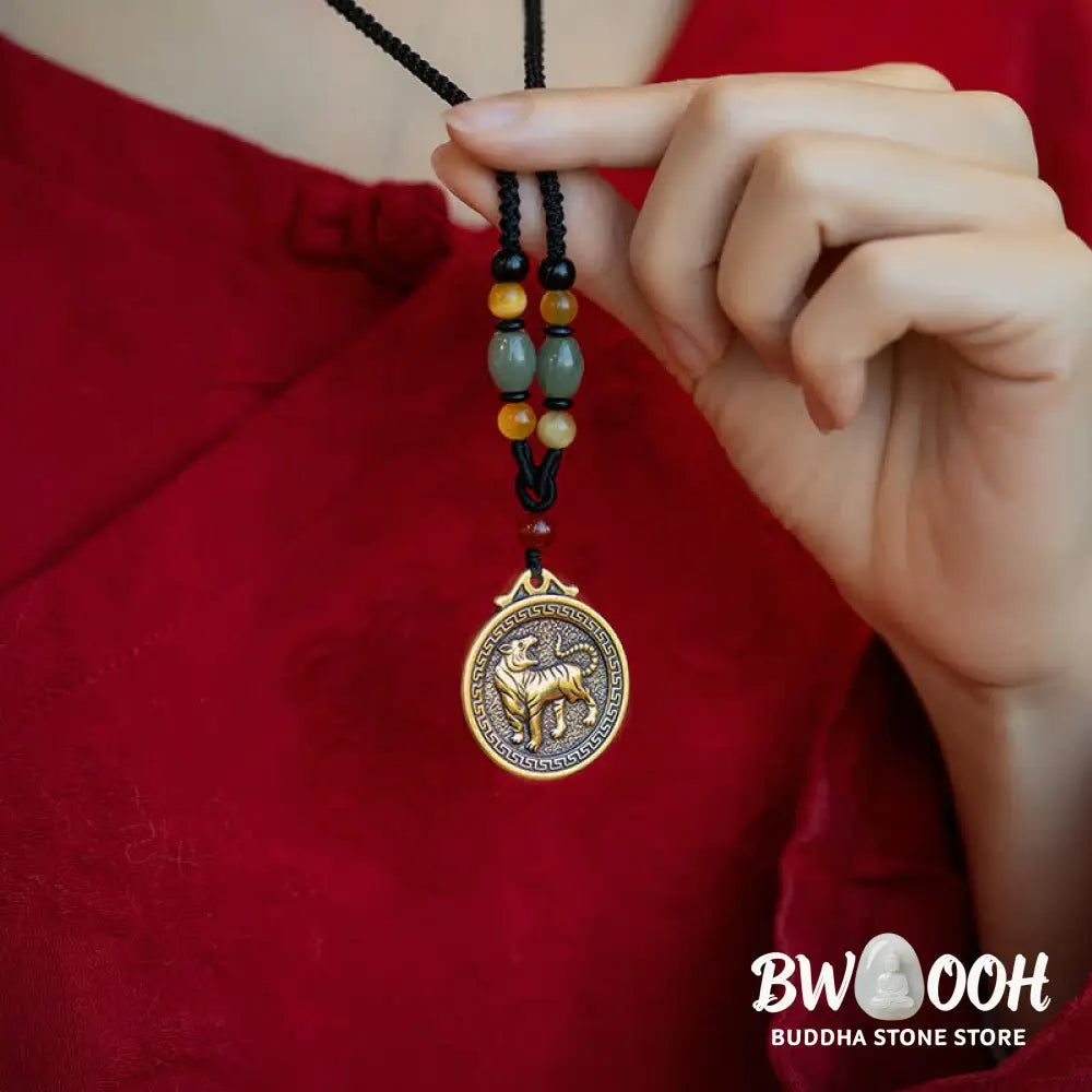 BWOOOH 12 Chinese Zodiac Blessing Wealth Fortune Necklace Pendant featuring a 3cm copper/brass pendant with Tiger Eye, Red Agate, Jade, and Agate, suspended on a 45-68cm string, showcasing a specific zodiac animal for spiritual balance and protection. - View 10