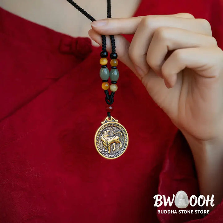 BWOOOH 12 Chinese Zodiac Blessing Wealth Fortune Necklace Pendant featuring a 3cm copper/brass pendant with Tiger Eye, Red Agate, Jade, and Agate, suspended on a 45-68cm string, showcasing a specific zodiac animal for spiritual balance and protection. - View 10