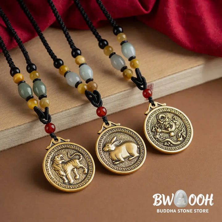 BWOOOH 12 Chinese Zodiac Blessing Wealth Fortune Necklace Pendant featuring a 3cm copper/brass pendant with Tiger Eye, Red Agate, Jade, and Agate, suspended on a 45-68cm string, showcasing a specific zodiac animal for spiritual balance and protection. - View 2