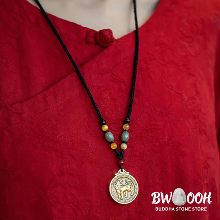 BWOOOH 12 Chinese Zodiac Blessing Wealth Fortune Necklace Pendant featuring a 3cm copper/brass pendant with Tiger Eye, Red Agate, Jade, and Agate, suspended on a 45-68cm string, showcasing a specific zodiac animal for spiritual balance and protection. - View 9