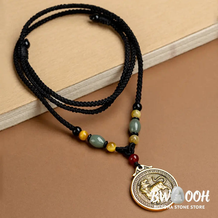BWOOOH 12 Chinese Zodiac Blessing Wealth Fortune Necklace Pendant featuring a 3cm copper/brass pendant with Tiger Eye, Red Agate, Jade, and Agate, suspended on a 45-68cm string, showcasing a specific zodiac animal for spiritual balance and protection. - View 12