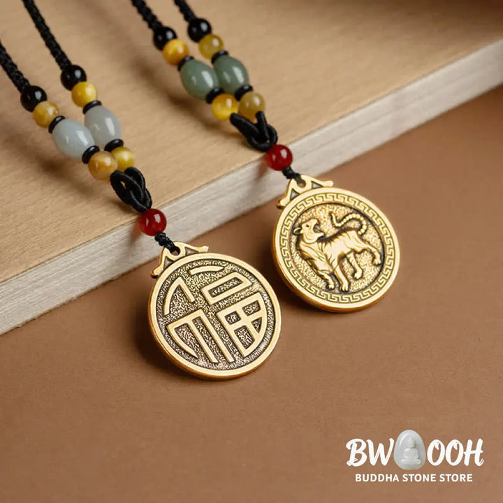 BWOOOH 12 Chinese Zodiac Blessing Wealth Fortune Necklace Pendant featuring a 3cm copper/brass pendant with Tiger Eye, Red Agate, Jade, and Agate, suspended on a 45-68cm string, showcasing a specific zodiac animal for spiritual balance and protection. - View 15