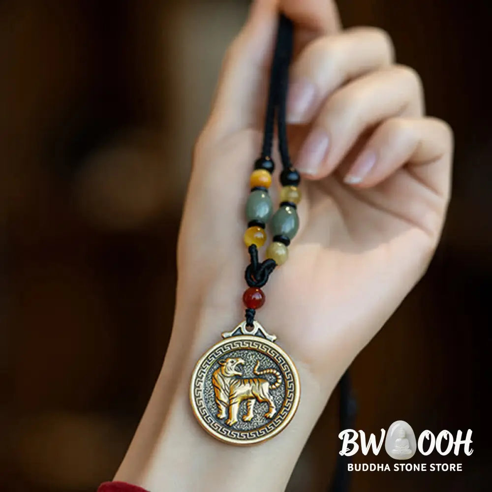 BWOOOH 12 Chinese Zodiac Blessing Wealth Fortune Necklace Pendant featuring a 3cm copper/brass pendant with Tiger Eye, Red Agate, Jade, and Agate, suspended on a 45-68cm string, showcasing a specific zodiac animal for spiritual balance and protection. - View 8