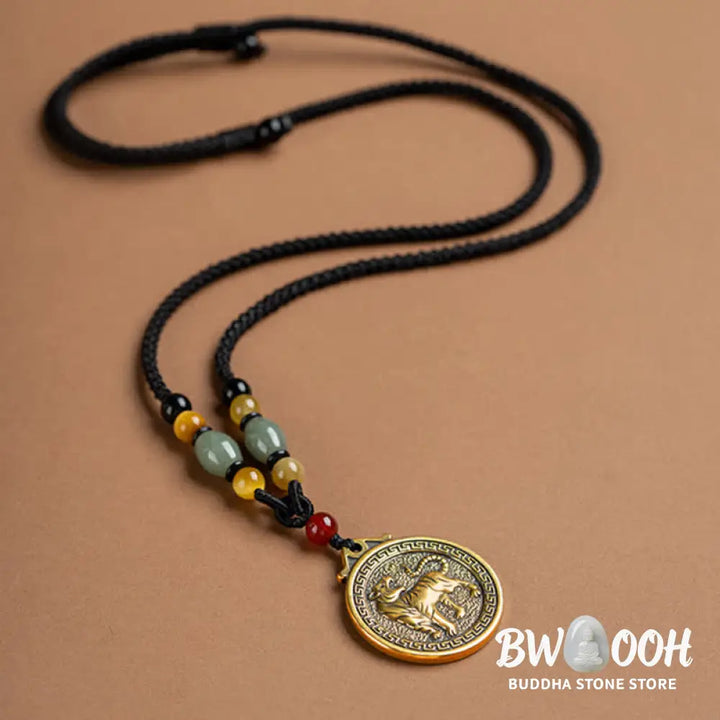BWOOOH 12 Chinese Zodiac Blessing Wealth Fortune Necklace Pendant featuring a 3cm copper/brass pendant with Tiger Eye, Red Agate, Jade, and Agate, suspended on a 45-68cm string, showcasing a specific zodiac animal for spiritual balance and protection. - View 13