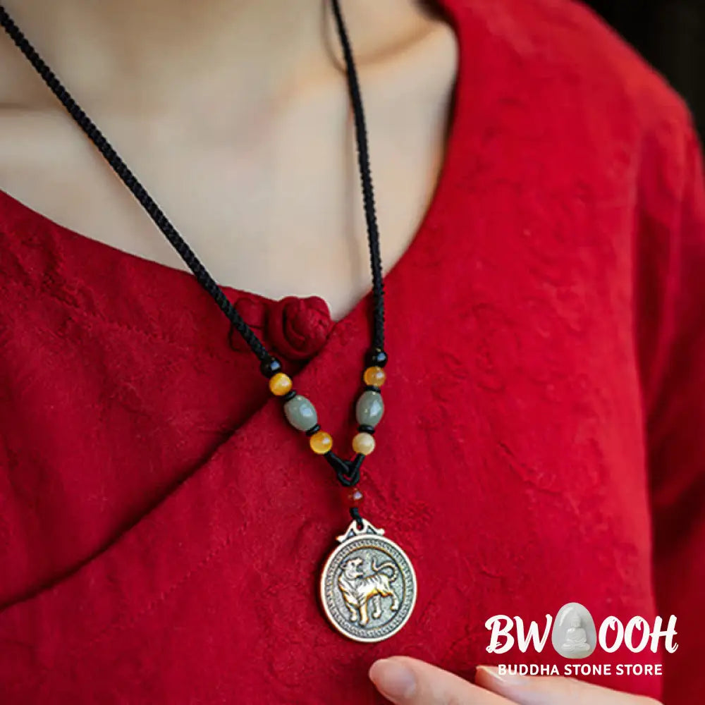 BWOOOH 12 Chinese Zodiac Blessing Wealth Fortune Necklace Pendant featuring a 3cm copper/brass pendant with Tiger Eye, Red Agate, Jade, and Agate, suspended on a 45-68cm string, showcasing a specific zodiac animal for spiritual balance and protection. - View 11