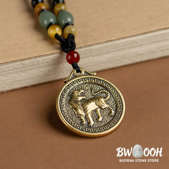 BWOOOH 12 Chinese Zodiac Blessing Wealth Fortune Necklace Pendant featuring a 3cm copper/brass pendant with Tiger Eye, Red Agate, Jade, and Agate, suspended on a 45-68cm string, showcasing a specific zodiac animal for spiritual balance and protection. - View 14