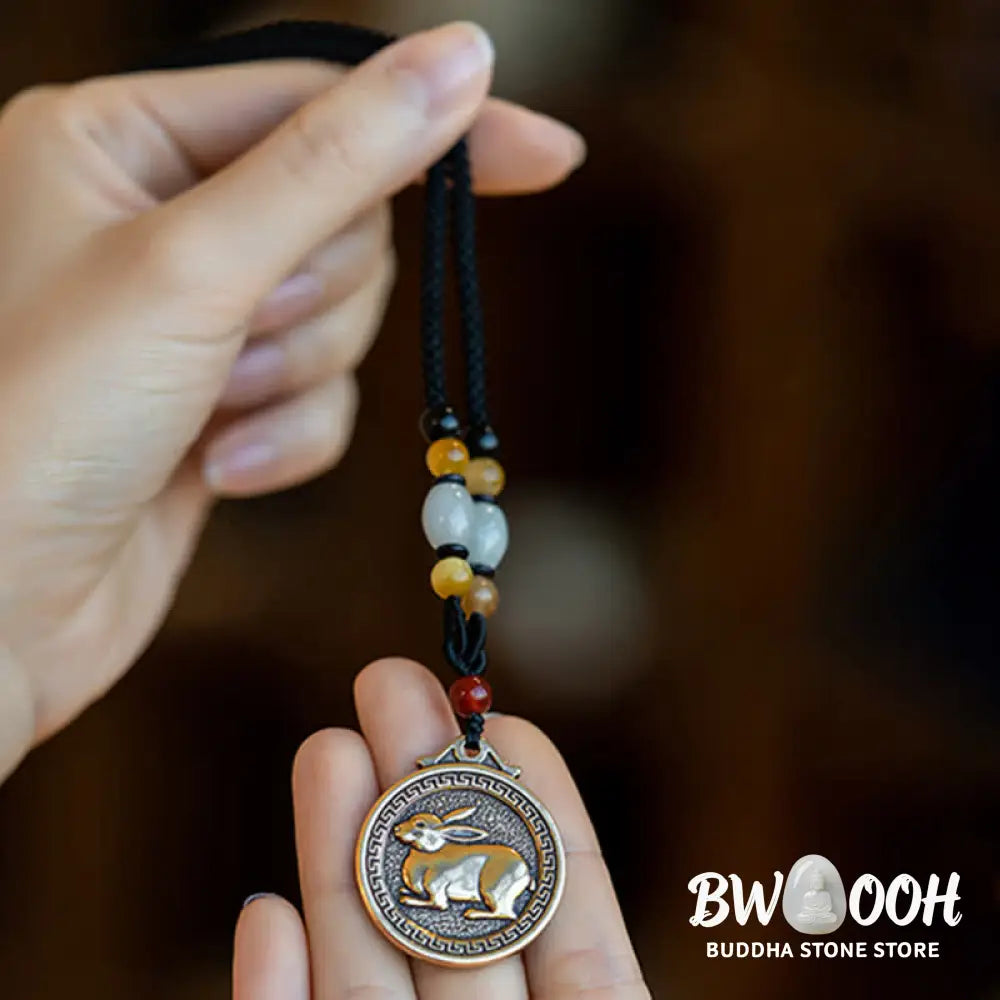 BWOOOH 12 Chinese Zodiac Blessing Wealth Fortune Necklace Pendant featuring a 3cm copper/brass pendant with Tiger Eye, Red Agate, Jade, and Agate, suspended on a 45-68cm string, showcasing a specific zodiac animal for spiritual balance and protection. - View 3