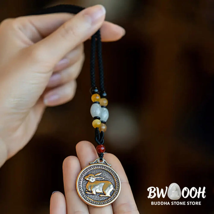 BWOOOH 12 Chinese Zodiac Blessing Wealth Fortune Necklace Pendant featuring a 3cm copper/brass pendant with Tiger Eye, Red Agate, Jade, and Agate, suspended on a 45-68cm string, showcasing a specific zodiac animal for spiritual balance and protection. - View 3