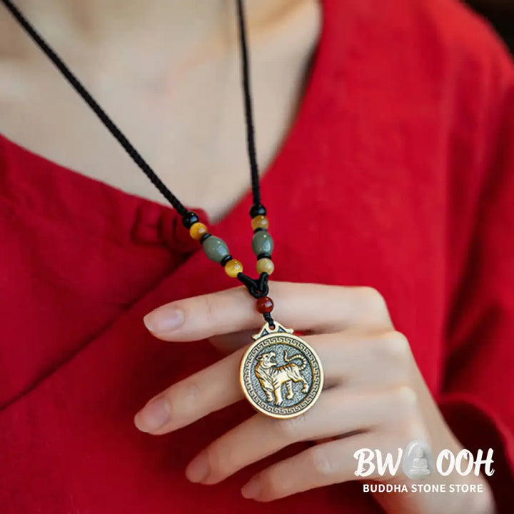BWOOOH 12 Chinese Zodiac Blessing Wealth Fortune Necklace Pendant featuring a 3cm copper/brass pendant with Tiger Eye, Red Agate, Jade, and Agate, suspended on a 45-68cm string, showcasing a specific zodiac animal for spiritual balance and protection. - View 7