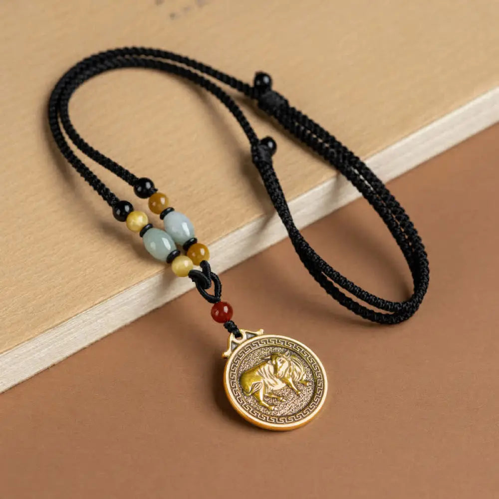 BWOOOH 12 Chinese Zodiac Blessing Wealth Fortune Necklace Pendant featuring a 3cm copper/brass pendant with Tiger Eye, Red Agate, Jade, and Agate, suspended on a 45-68cm string, showcasing a specific zodiac animal for spiritual balance and protection. - View 5