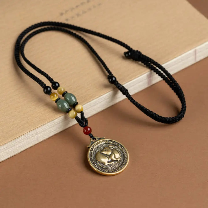 BWOOOH 12 Chinese Zodiac Blessing Wealth Fortune Necklace Pendant featuring a 3cm copper/brass pendant with Tiger Eye, Red Agate, Jade, and Agate, suspended on a 45-68cm string, showcasing a specific zodiac animal for spiritual balance and protection. - View 4