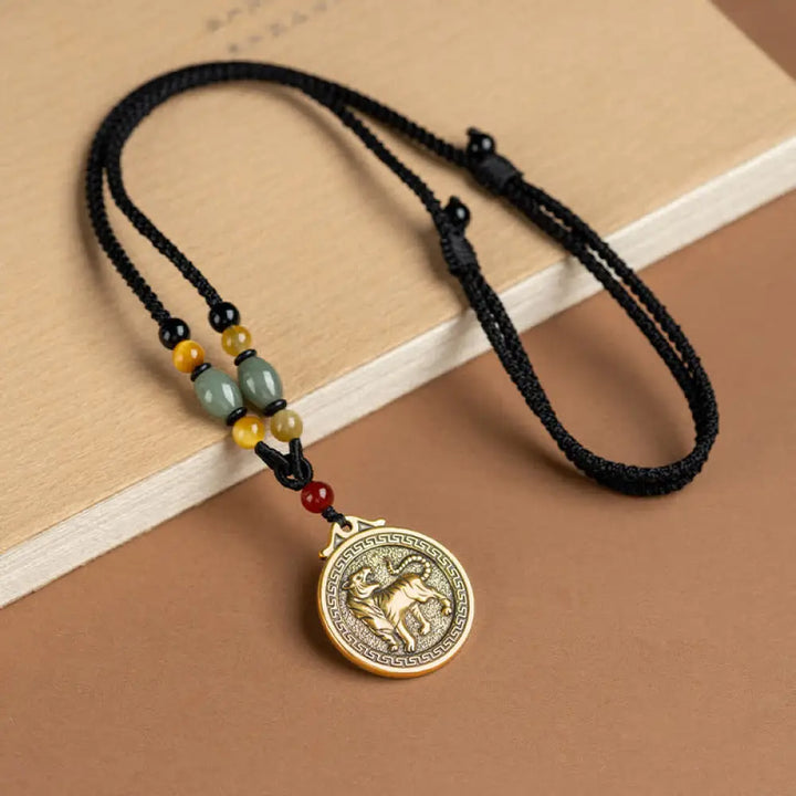 BWOOOH 12 Chinese Zodiac Blessing Wealth Fortune Necklace Pendant featuring a 3cm copper/brass pendant with Tiger Eye, Red Agate, Jade, and Agate, suspended on a 45-68cm string, showcasing a specific zodiac animal for spiritual balance and protection. - View 6