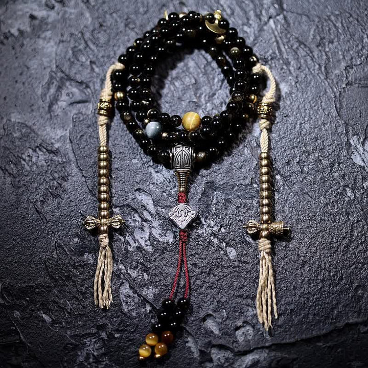 BWOOOH 108 Mala Beads Gold Sheen Obsidian Tiger Eye Eagle&