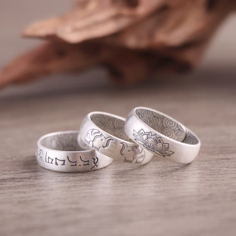 BWOOOH 999 Sterling Silver Lotus Elephant Six True Words Blessing Ring — Sterling Silver crystal healing bracelet for spir...